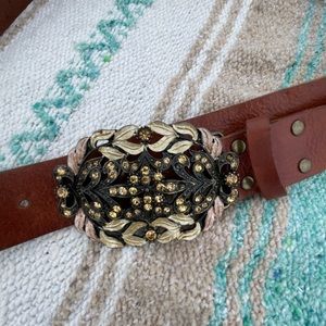 CAbi leather brown belt; Large: Crystal Metal embellished belt buckle
